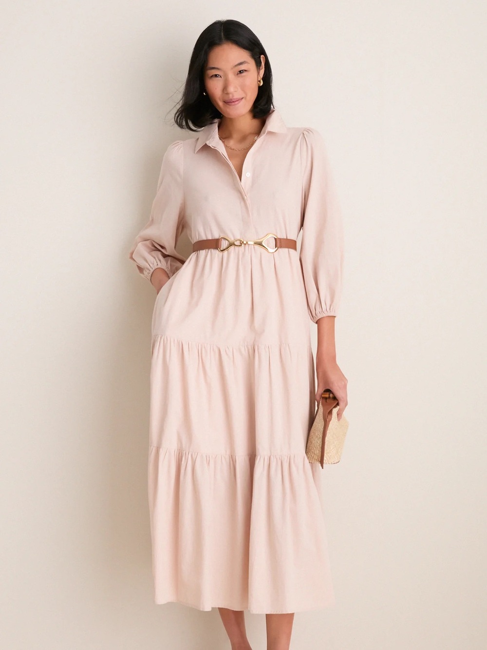 Pomander Place Tiered Midi Shirt Dress in Sandstone